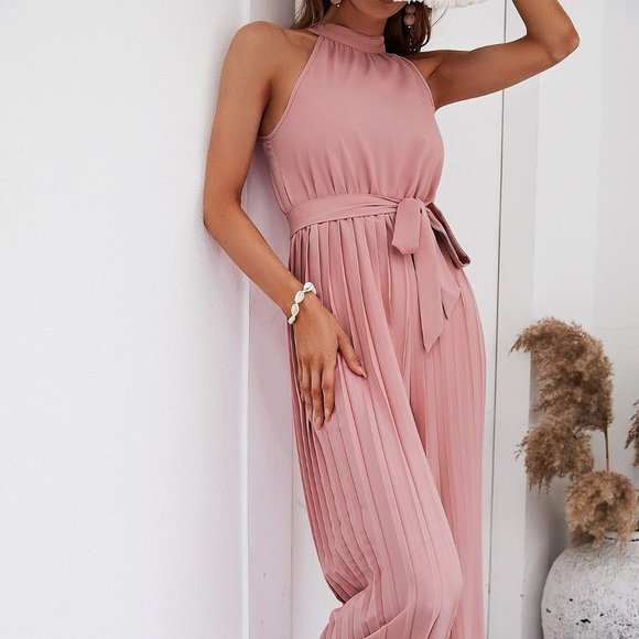 Pink Boho Womens Solid Pleated Belted Halter Jumpsuit - Picture 4 of 5